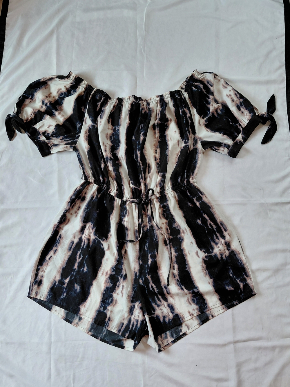 Blush Black and Cream Tie-Dye Off-Shoulder Romper  With Sleeve Ties Plus Sz 2X